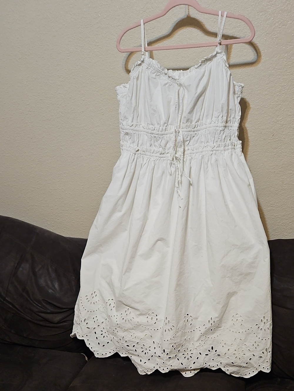 White Eyelet Midi Sundress with Smocked Waist and Adjustable Straps